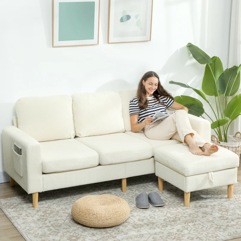 HOMCOM Sofá 3 Lugares com Pufe Sofá em Veludo Cotelê Assento e Encosto Acolchoados 192x138x85 cm Bege
