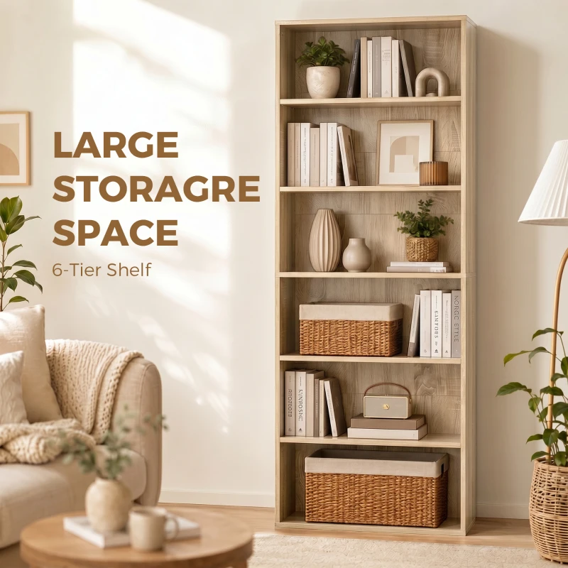 HOMCOM Freestanding Bookcase, 6 Tier Bookshelf with Adjustable Shelves for Living Room, Study, Oak
