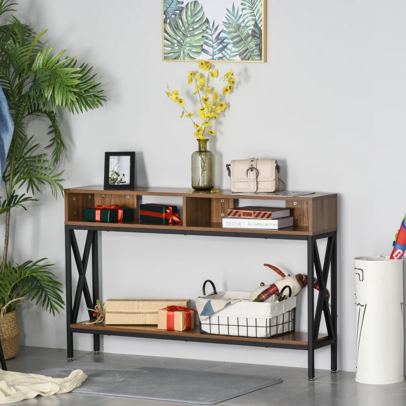 HOMCOM Mesa Consola de Entrada Industrial Multi-armazenamento 120 x 23,5 x 75 cm Madeira Nogueira