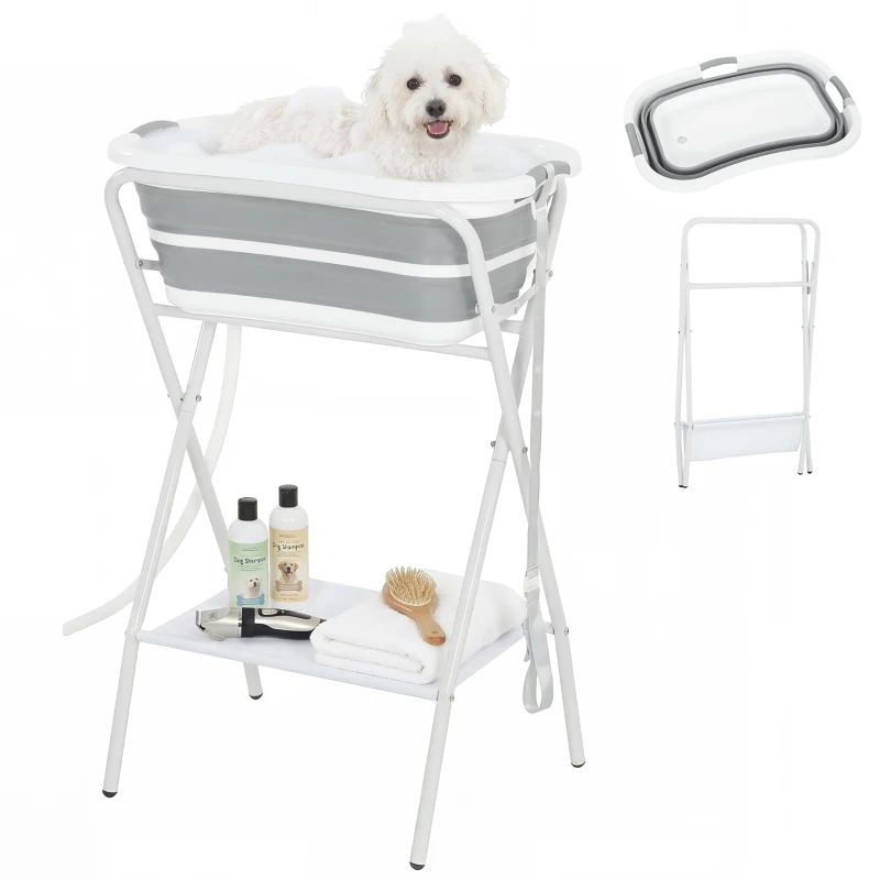 PawHut Dog Bath Tub, Portable Foldable Dog Bathtub with Stand, Drainage Hole, for Small Dogs Puppies Grey