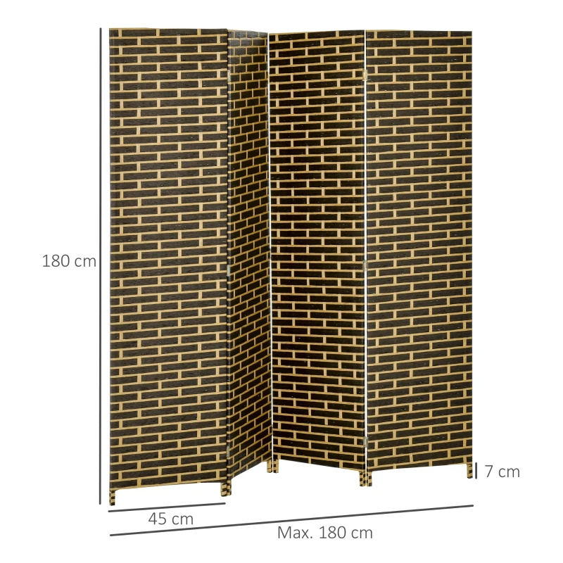 HOMCOM Biombo interior 4 Painéis Dobráveis 180L x 180H cm separador de ambientes Madeira de choupo Fibras de papel trançado Chocolate Palha