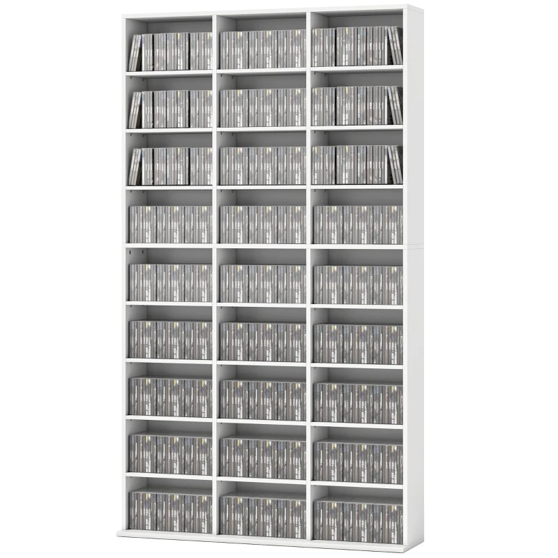 HOMCOM Estantería para 835 CDs o 500 DVDs, estantería de medios Blu-ray con 27 compartimentos y 21 baldas ajustables, Blanco