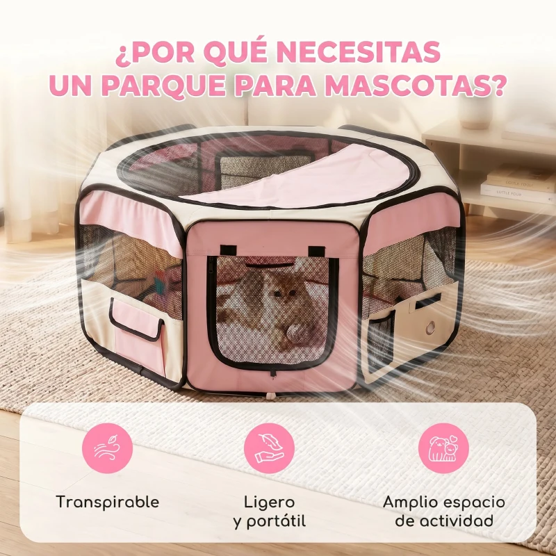 PawHut Parque Plegable para Perros y Gatos Corralito Portátil para Animales Pequeños Impermeable de Tela Oxford Ø90x41 cm Rosa