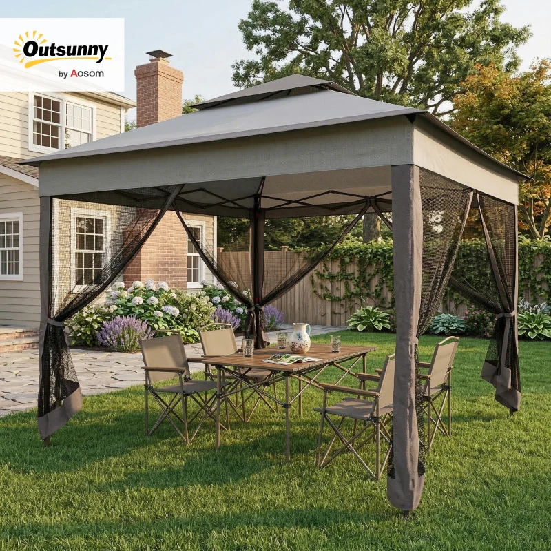 Outsunny 3.25 x 3.25m Deluxe Metal Gazebo, with Curtains - Brown and Grey(m-9)