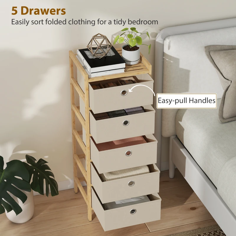 HOMCOM Chest of Drawers, 5 Fabric Drawers Narrow Dresser with Bamboo Frame, Cream White
