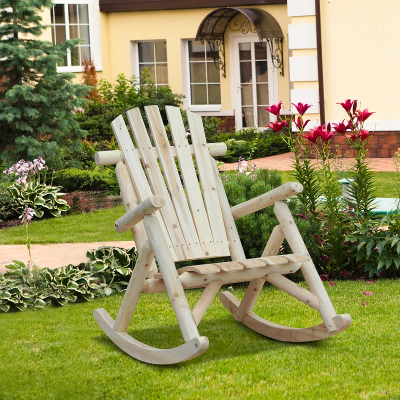 Outsunny Poltrona de Jardim Adirondack de Baloiço Rocking Chair Estilo neo-rétro Assento Encosto Ergonómico Madeira Natural de pinho
