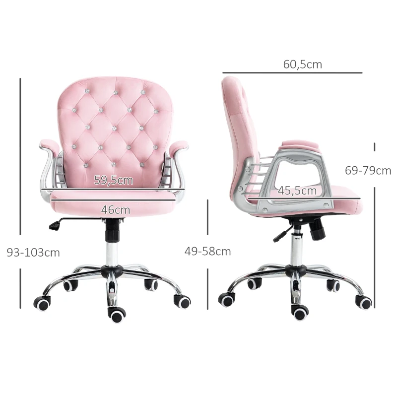 Vinsetto Silla de Escritorio de Terciopelo con Altura Ajustable Reposabrazos y Decoraciones de Diamantes 59,5x60,5x93-103 cm Rosa