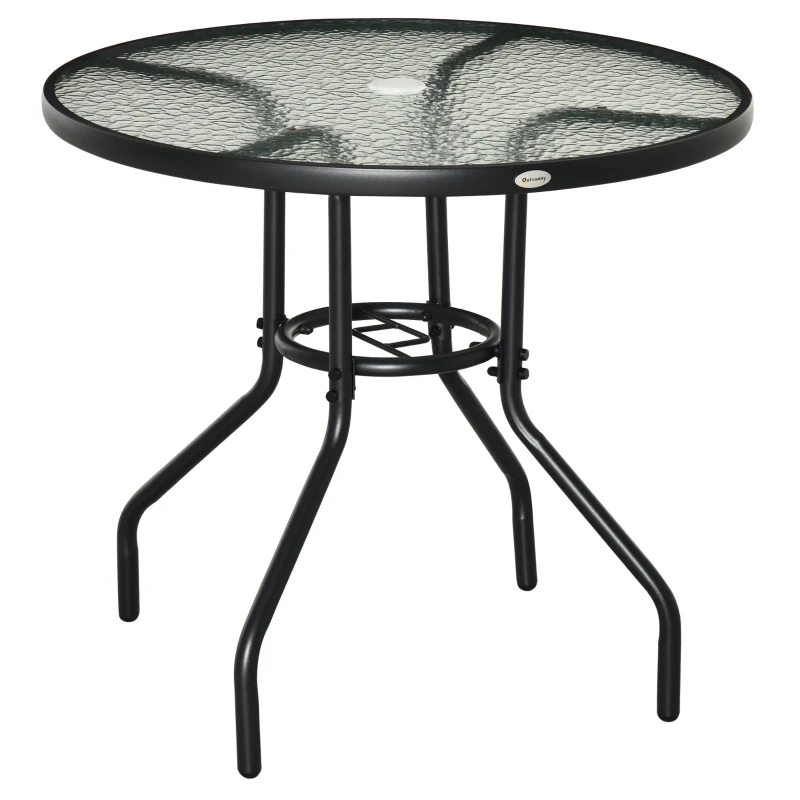 Outsunny Tavolo da Giardino Rotondo con Foro per Ombrellone e Piano in Vetro, in Metallo, Ø80x72 cm, Nero