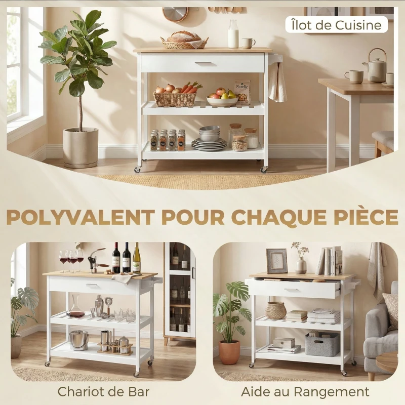 HOMCOM Desserte de cuisine à roulettes, îlot central cuisine avec plan de travail, tiroir, étagères, porte-serviettes, blanc