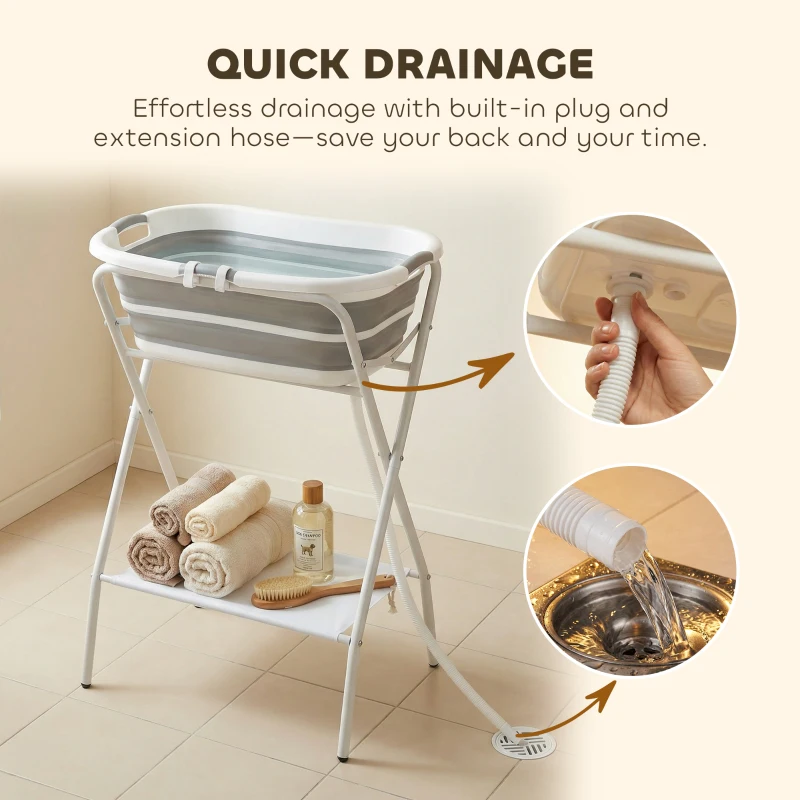 PawHut Dog Bath Tub, Portable Foldable Dog Bathtub with Stand, Drainage Hole, for Small Dogs Puppies Grey
