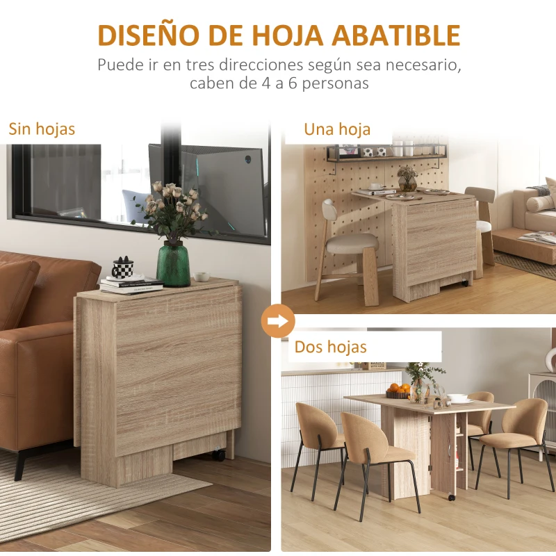 HOMCOM Mesa Plegable con 2 Alas Abatibles de Madera 2 Estantes y Ruedas para Cocina Comedor 75x140x74 cm Madera Natural
