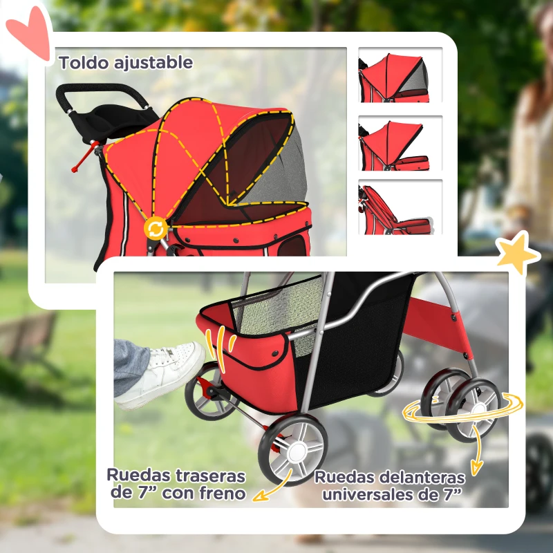 PawHut Carrito para Perros Pequeños con Cesta de Almacenaje Portavasos Ruedas y Cojín Lavable 77x44x102 cm Rojo