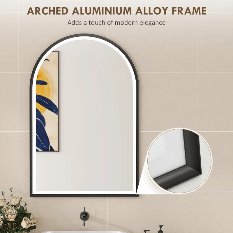 HOMCOM Miroir Salle de Bain avec Éclairage 60 x 90 cm, Miroir LED Arqué, Anti-Buée, 3 Couleurs Lumière, Dimmable, Mémoire, Noir