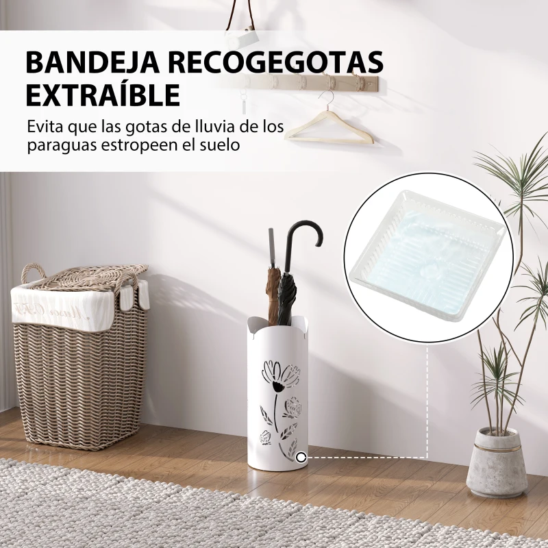HOMCOM Paragüero de Acero con 4 Ganchos y Bandeja de Goteo Extraíble y Diseño Decorativo 17x17x41 cm Blanco