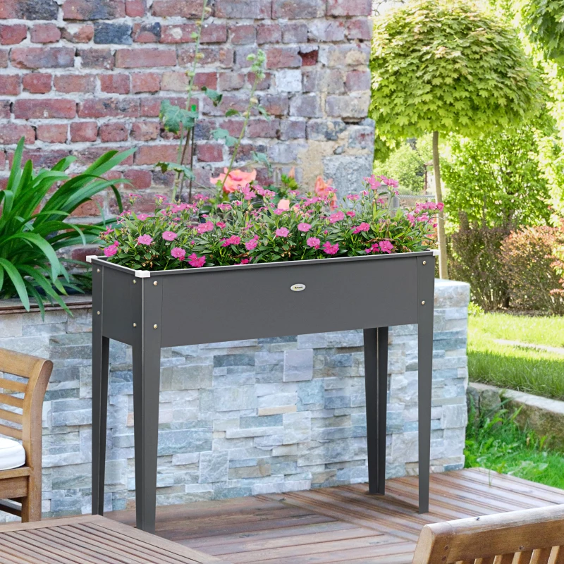 Outsunny Jardineira sobre pés quadrada para horta com orifício de drenagem aço galvanizado 100 x 30 x 80 cm cinza