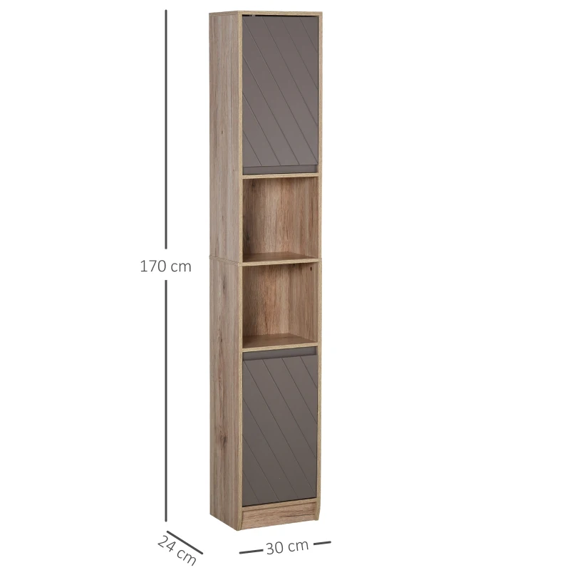 HOMCOM Armario de Baño Alto, Columna de Baño Estrecha con 2 Puertas y 2 Estantes Abiertos, para Espacios Pequeños, 30x24x170 cm, Roble y Gris