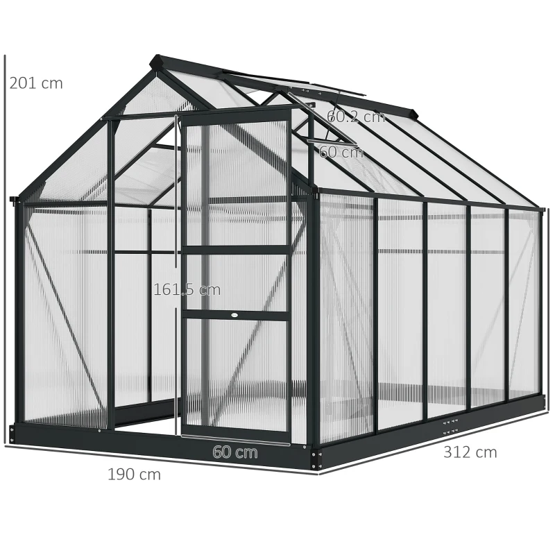 Outsunny 6 x 10ft Polycarbonate Greenhouse, Large Walk-In Green House with Slide Door and Window, Garden Plants Grow House with Aluminium Frame and Foundation, Grey(m-3)