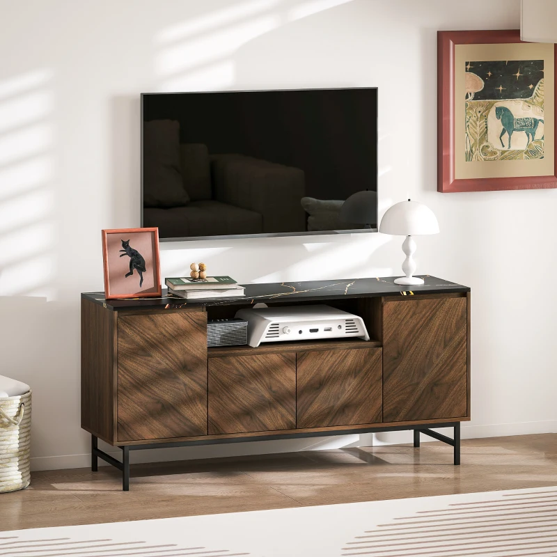 HOMCOM Móvel para TV até 165,1 cm em madeira com compartimento aberto e passa-cabos, efeito mármore, 140x39x66cm, nogueira