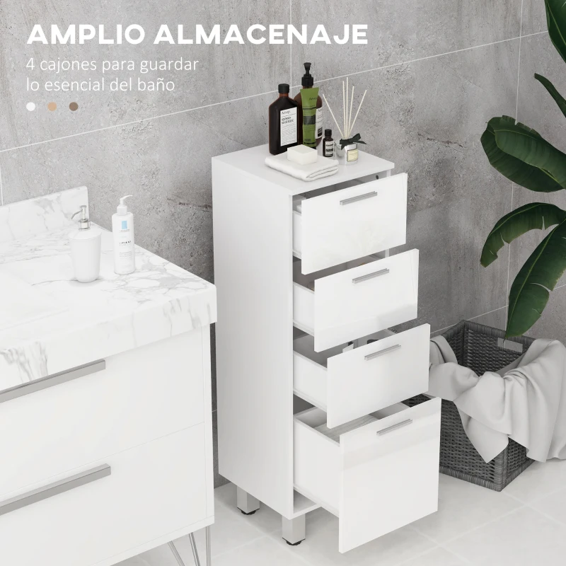 kleankin Mueble Auxiliar Baño Moderno Armario de Baño con 4 Cajones y 4 Patas para Salón Carga 30 kg 30x30x93cm Blanco Brillante