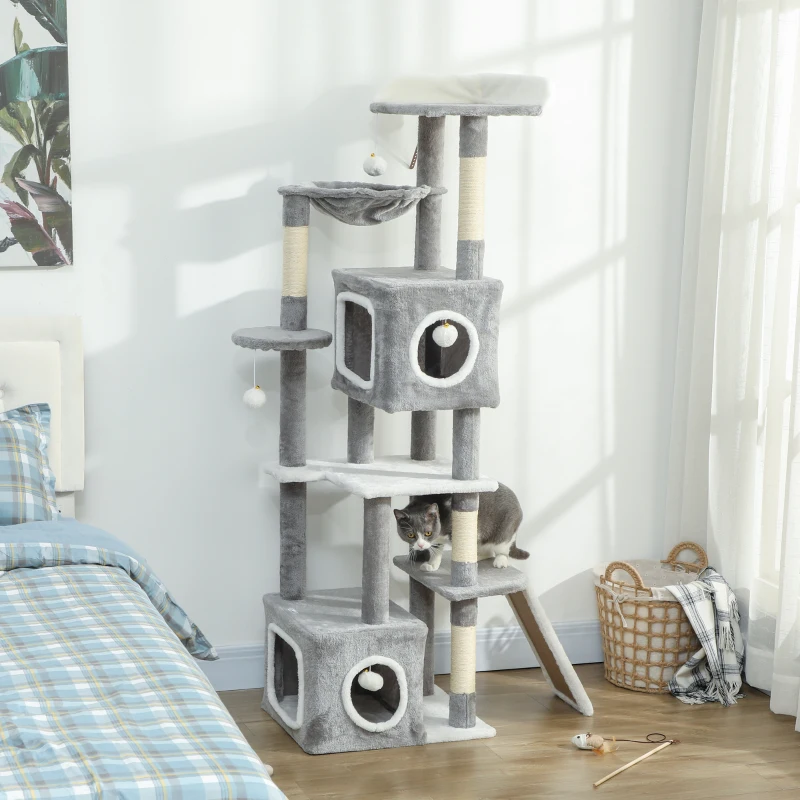 PawHut Arbre à chat tour de jeux pour chats centre d'activités 2 niches plateformes hamac échelle et 4 pompons 165 cm gris