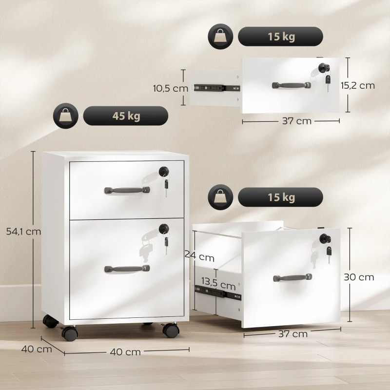 HOMCOM Gaveteiro de Escritório com 2 Gavetas Rodas com Trava Gaveteiro para Carta/Formato A4 40x40x54,1 cm Branco