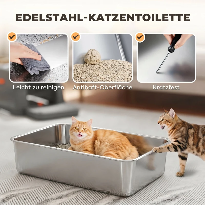 PawHut Katzenklo XXL Edelstahl Katzentoilette 130L mit 180° Klappdeckel Hohen Seitenwänden Schaufel Trittstufe 70x50x43cm Grau