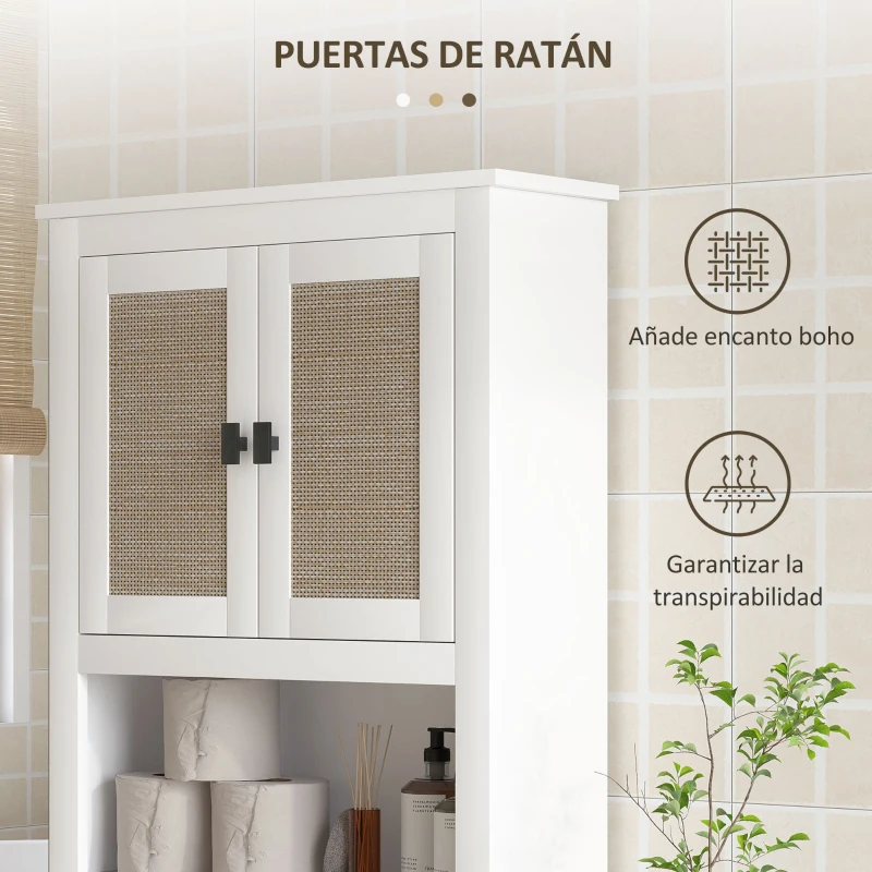 HOMCOM Mueble sobre Inodoro con 2 Puertas con Frontal de Ratán Compartimento y Estante Ajustable 60x19,5x160 cm Blanco