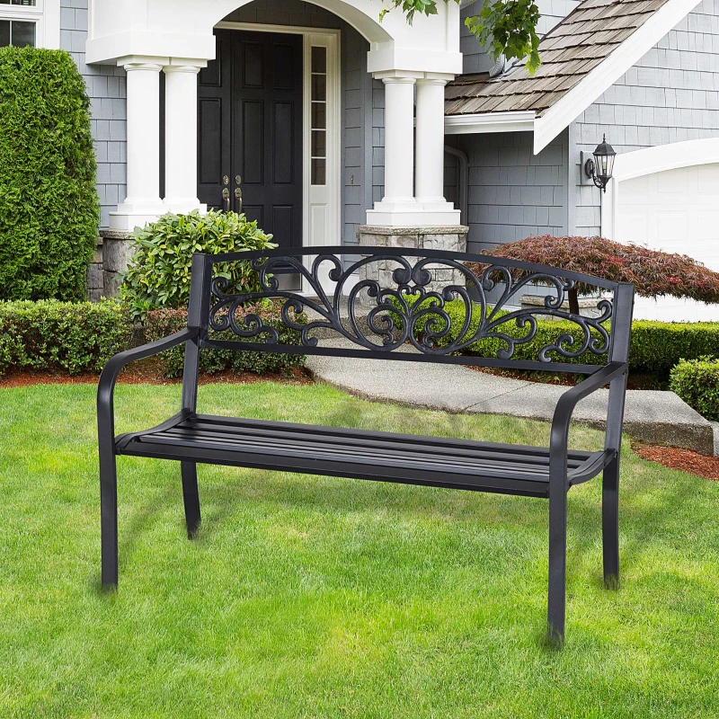 Outsunny Banco de Jardim para terraço em Aço Ferro Fundido Preto 2 Lugares 127 x 60 x 87 cm Carga Máx 240 kg