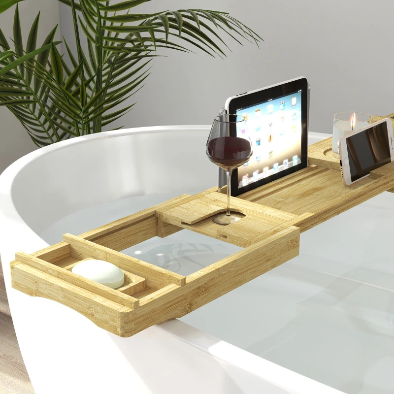 HOMCOM Ponte prateleira bandeja de banheira extensível em bambu com porta-copo e porta-sabonete, 75-109 x 23 x 4.5cm