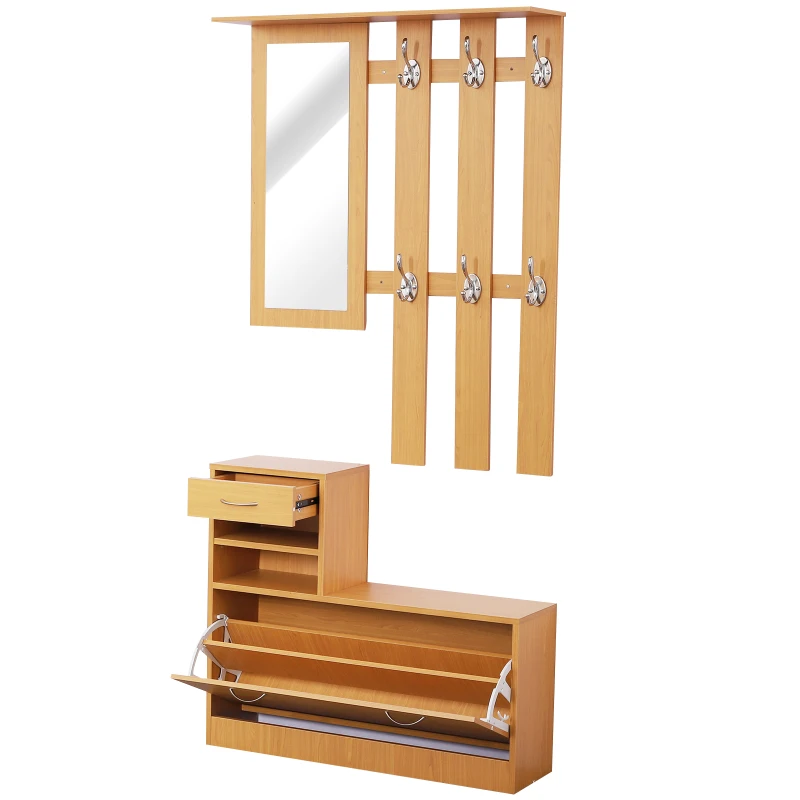HOMCOM Recibidor de Entrada con Espejo Perchero y Zapatero Mueble de Recibidor de 2 Piezas con 6 Ganchos Estantes y Cajón Abatible para Pasillo Madera Marrón