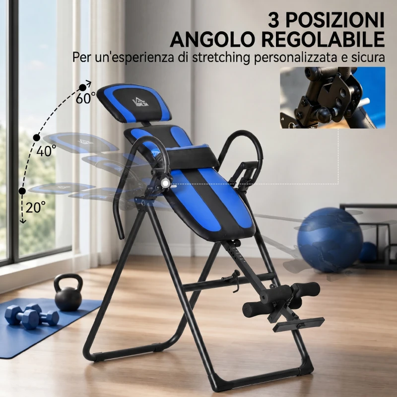 HOMCOM Panca a Inversione Gravitazionale Pieghevole con Lunghezza Regolabile da 140-203 cm e Ruote, Nero e Blu