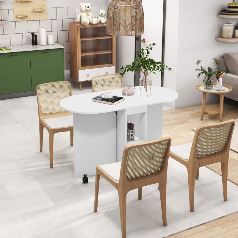 HOMCOM Mesa de Comedor Plegable con Ruedas Mesa de Cocina con Alas Abatibles y 2 Estantes Abiertos 120x60x77 cm Blanco