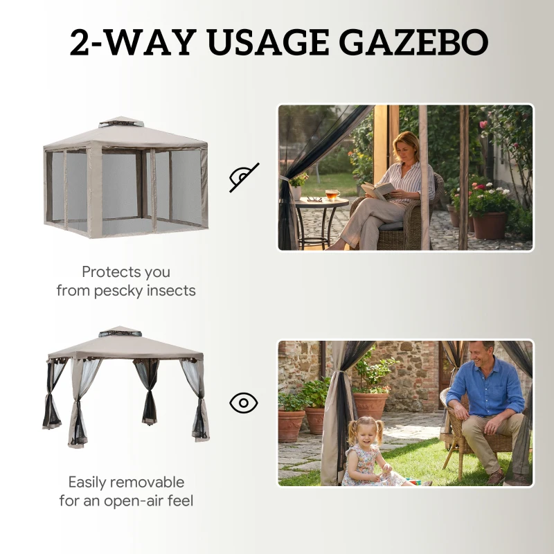 Outsunny Outdoor Gazebo, 2-tier Roof with Netting for Garden Patio, 295L x 295W x 263Hcm, Taupe