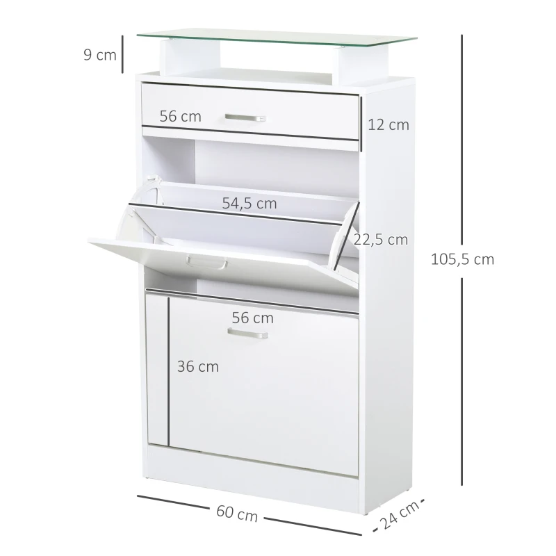 HOMCOM Organizador de Zapatos Multifuncional Zapatero con 3 Cajones Estante de Vidrio Asa de Aluminio para Pasillo Tablero de Partículas Carga 50 kg 60x24x105,5 cm Blanco