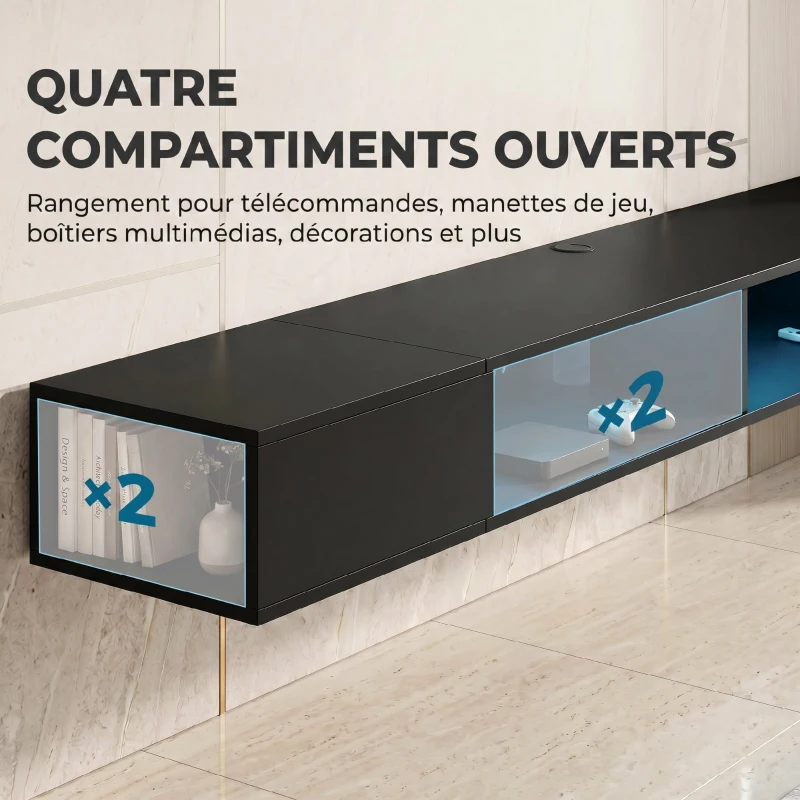 HOMCOM Meuble TV suspendu 180 cm avec éclairage LED RGB, meuble télé avec étagères ouvertes, 177,8 x 30 x 18 cm, noir