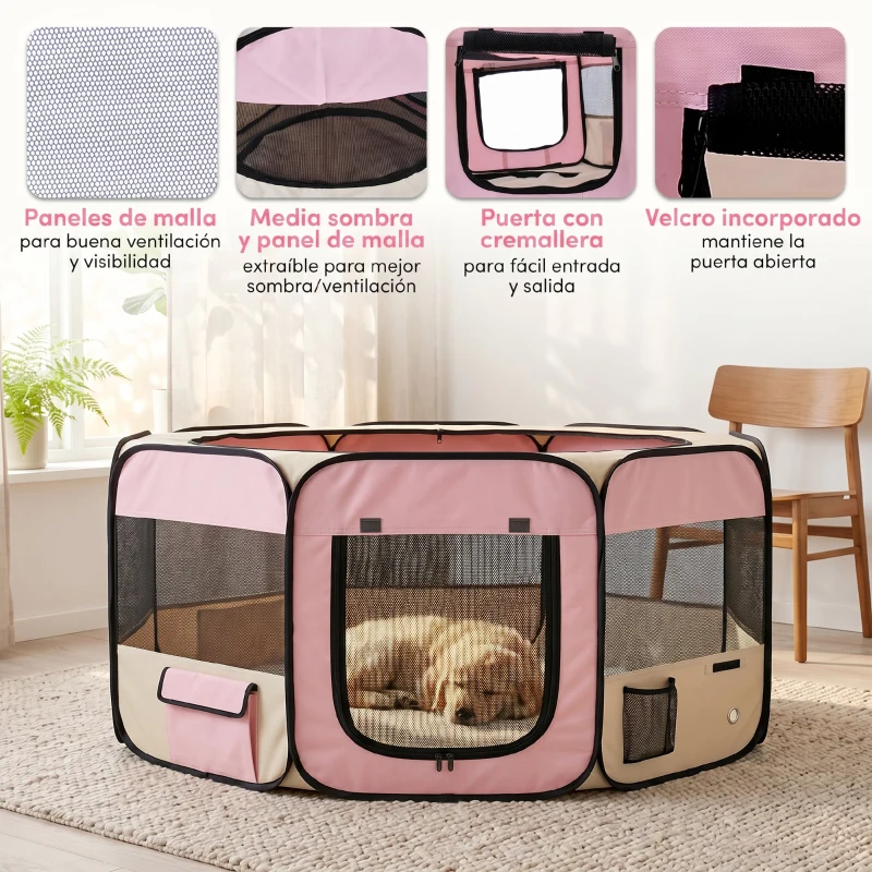PawHut Parque Plegable para Perros y Gatos Corralito Portátil para Animales Pequeños Impermeable de Tela Oxford Ø90x41 cm Rosa