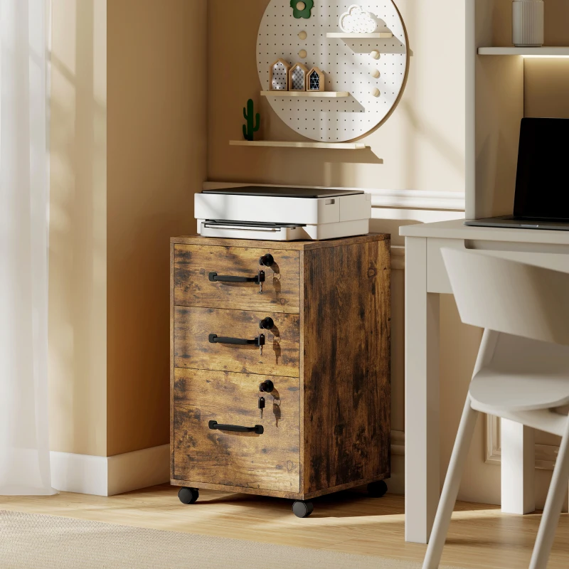 HOMCOM Caisson de Bureau Mobile avec 3 Tiroirs Verrouillables, Caisson de Rangement sur Roulettes, 40 x 40 x 69,5 cm, Marron