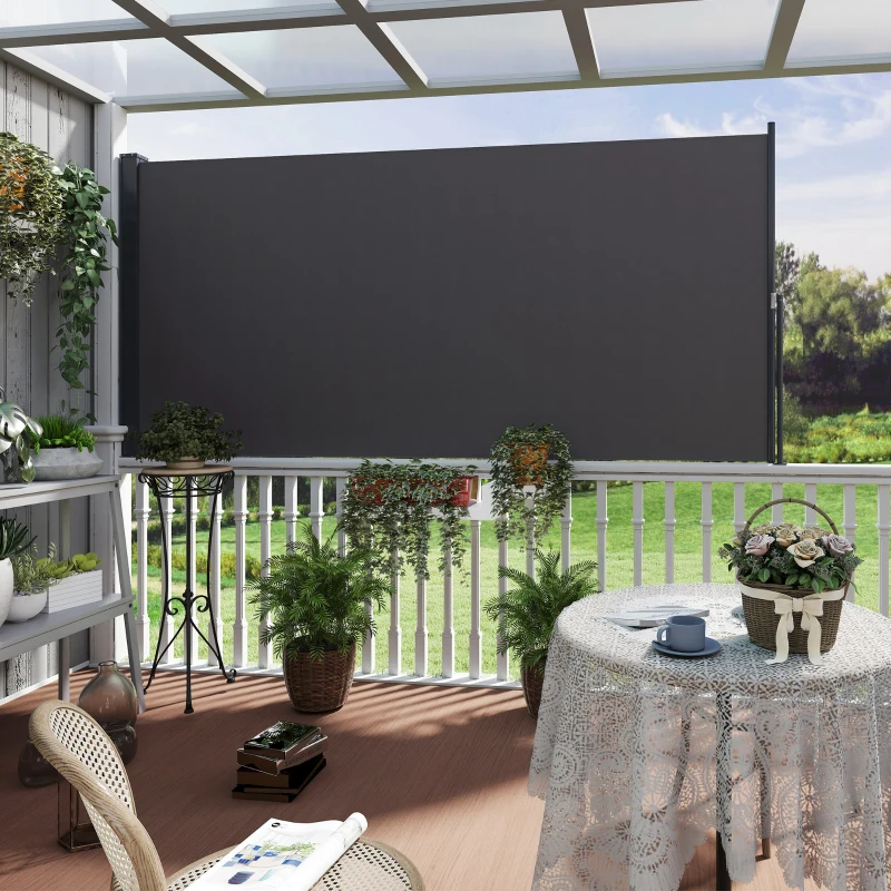 Outsunny Estore lateral ecrã de privacidade biombo retrátil 3 x 1,4 m alu. poliéster anti-UV alta densidade 180 g/m² cinzento escuro