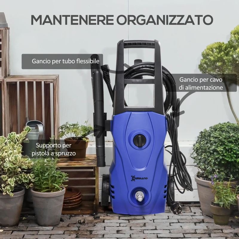 DURHAND Idropulitrice ad Alta Pressione 1600W con Ugello Regolabile e Kit Pulizia, 35x28x65 cm, Blu e Nero