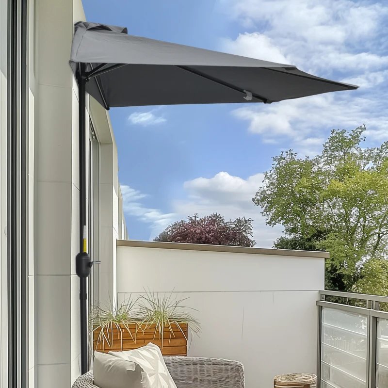 Outsunny Meio guarda-sol guarda-sol de varanda 5 espaçadores metal chaminé incluída 2,93 x 1,5 x 2,49 m poliéster alta densidade cinza