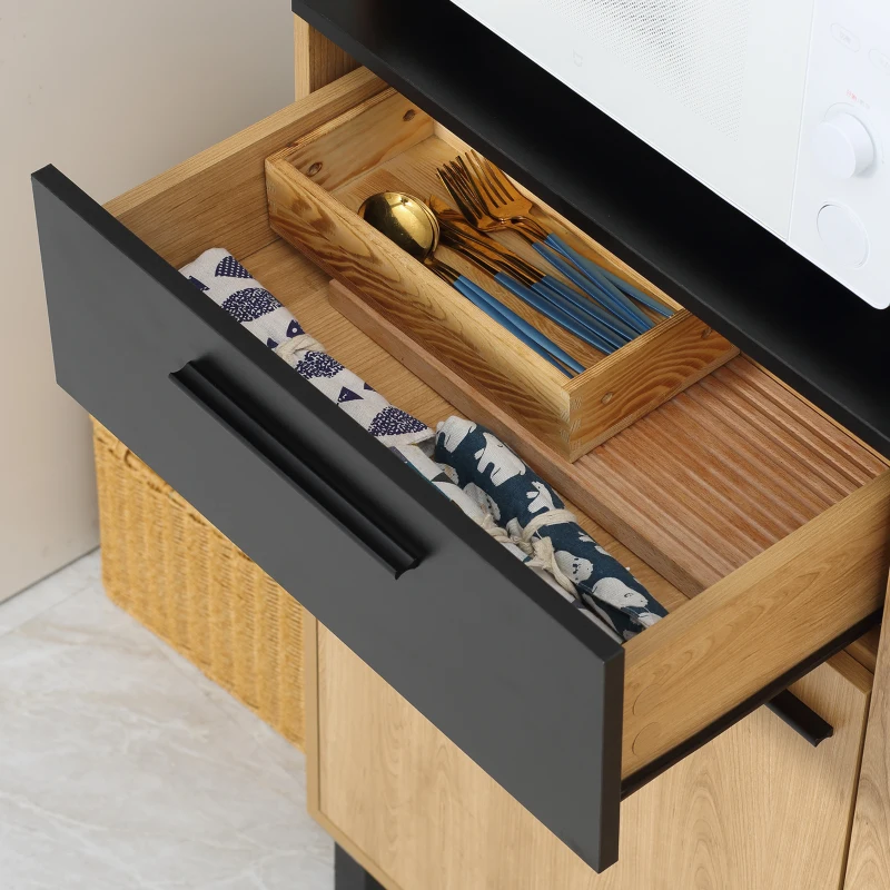 HOMCOM Armário de cozinha multifunções com gaveta 3 portas 4 nichos e passa-cabos altura 180 cm preto e madeira natural