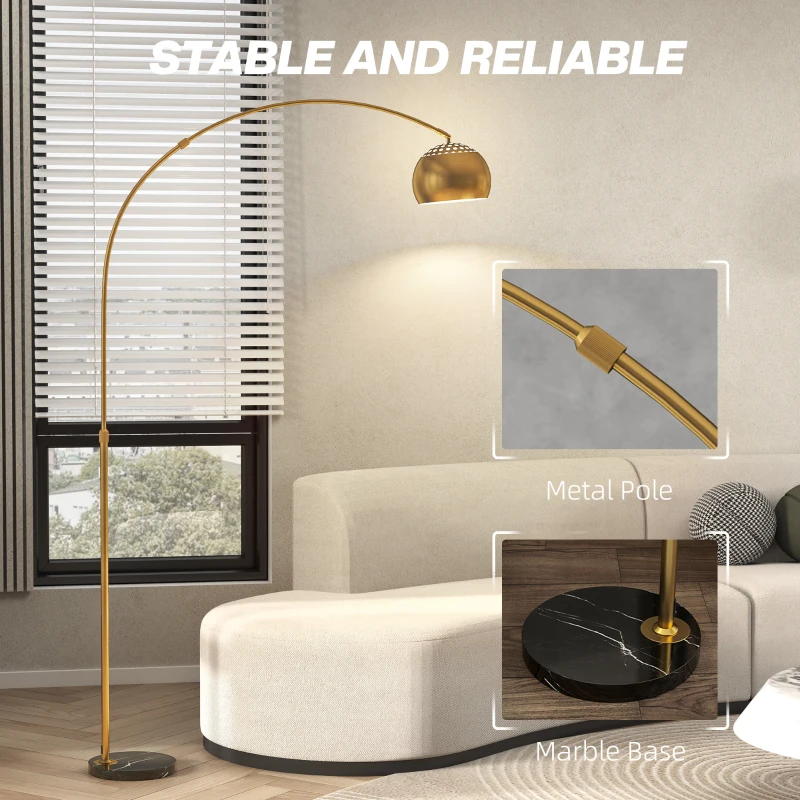 HOMCOM 167cm Arc Floor Lamp for Living Room, Modern Adjustable Standing Lamp with Foot Switch, Faux Black Marble Base and Bell Shade for Home Offices, Bedrooms, Gold Tone