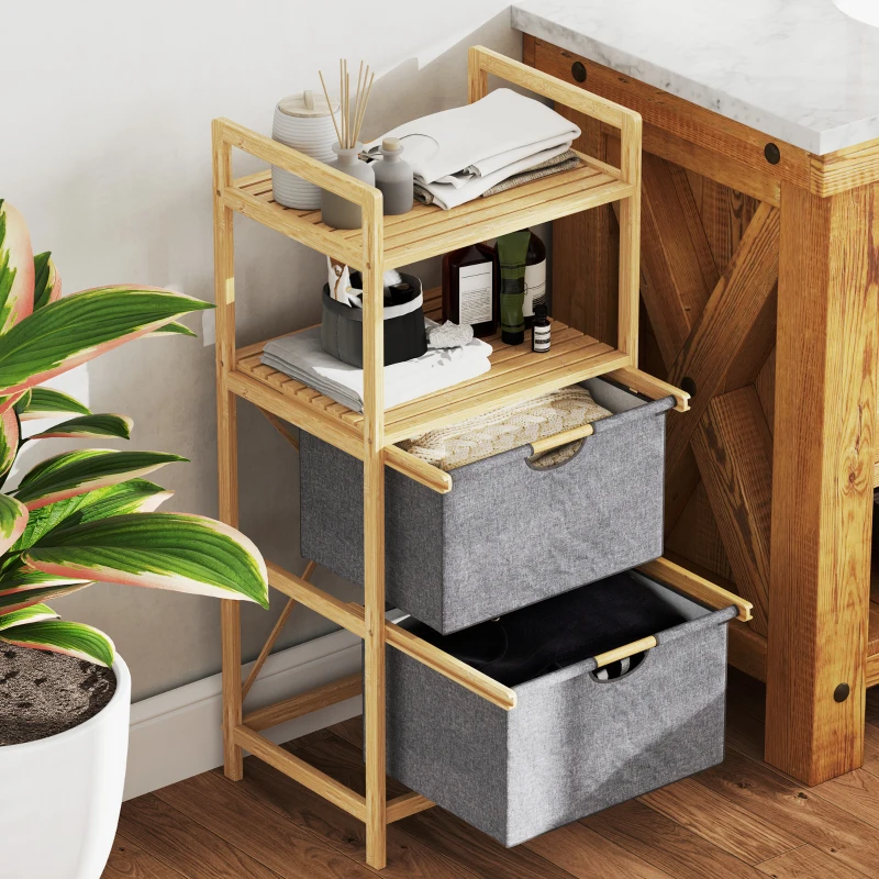 HOMCOM Cesto de roupa em bambu cesto de roupa suja com 2 sacos em tecido deslizantes e prateleiras abertas, natural