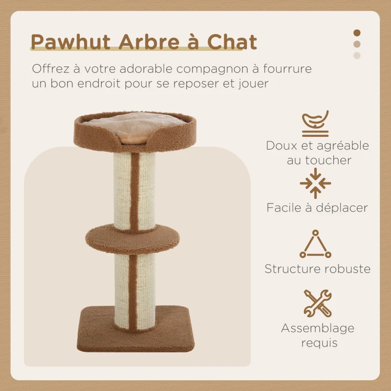 PawHut Arbre à chat avec griffoir centre d'activités 2 plateformes coussin marron clair
