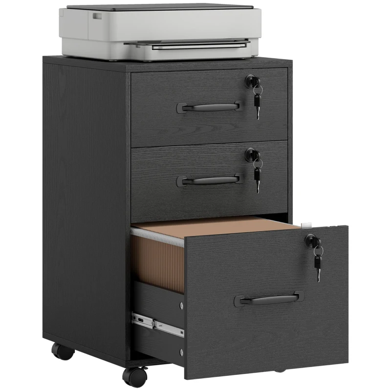 HOMCOM Caisson de Bureau Mobile avec 3 Tiroirs Verrouillables, Caisson de Rangement sur Roulettes, 40 x 40 x 69,5 cm, Noir