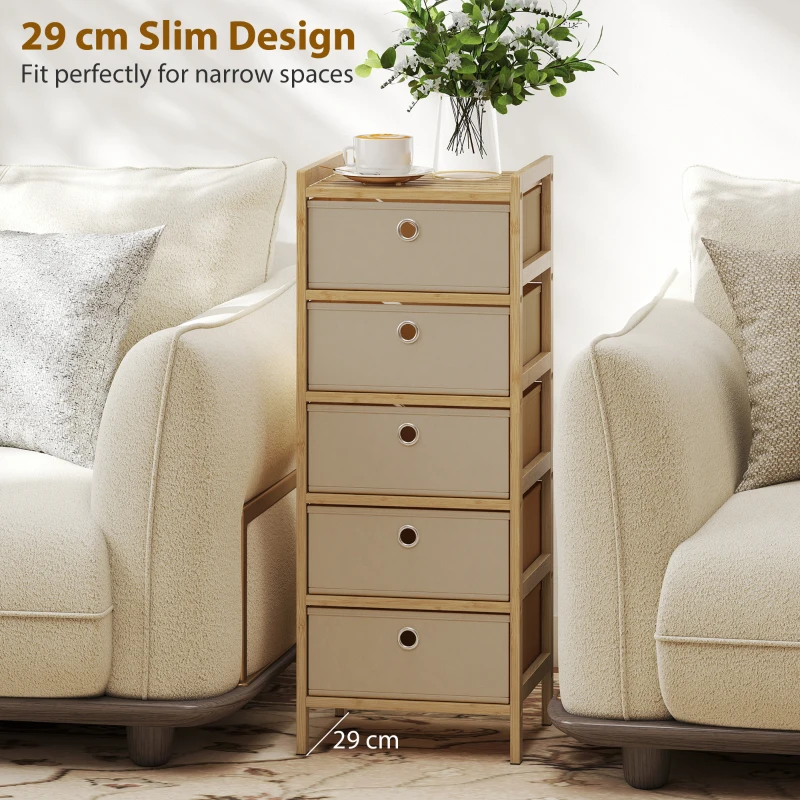 HOMCOM Chest of Drawers, 5 Fabric Drawers Narrow Dresser with Bamboo Frame, Cream White