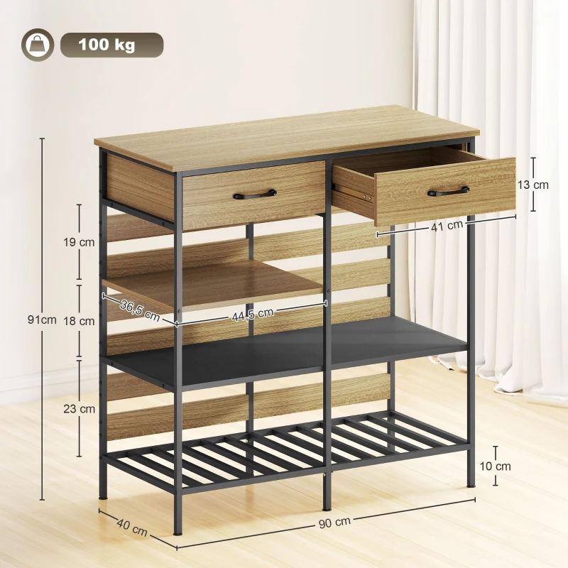 HOMCOM Aparador de cozinha, móvel de arrumação com 2 gavetas e 3 prateleiras abertas, 90 x 40 x 91 cm, madeira natural e preto