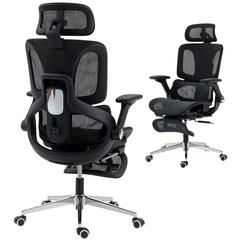 HOMCOM Ergonomischer Bürostuhl mit 4D-Armlehnen, verstellbarer Kopfstütze und Sitztiefe, Netz, Schwarz
