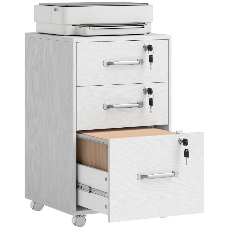 HOMCOM Caisson de Bureau Mobile avec 3 Tiroirs Verrouillables, Caisson de Rangement sur Roulettes, 40 x 40 x 69,5 cm, Blanc