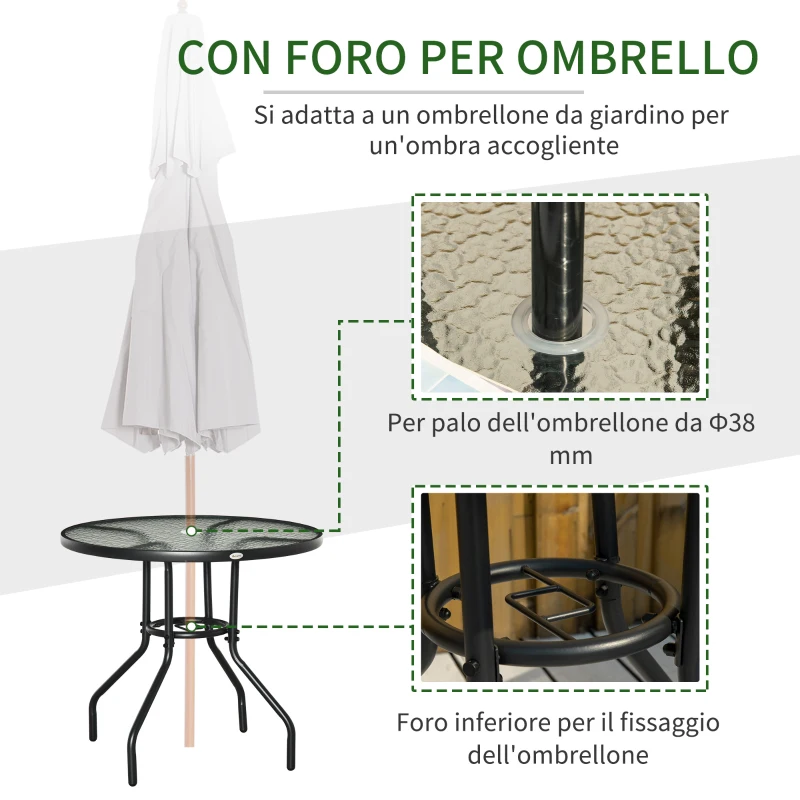 Outsunny Tavolo da Giardino Rotondo con Foro per Ombrellone e Piano in Vetro, in Metallo, Ø80x72 cm, Nero